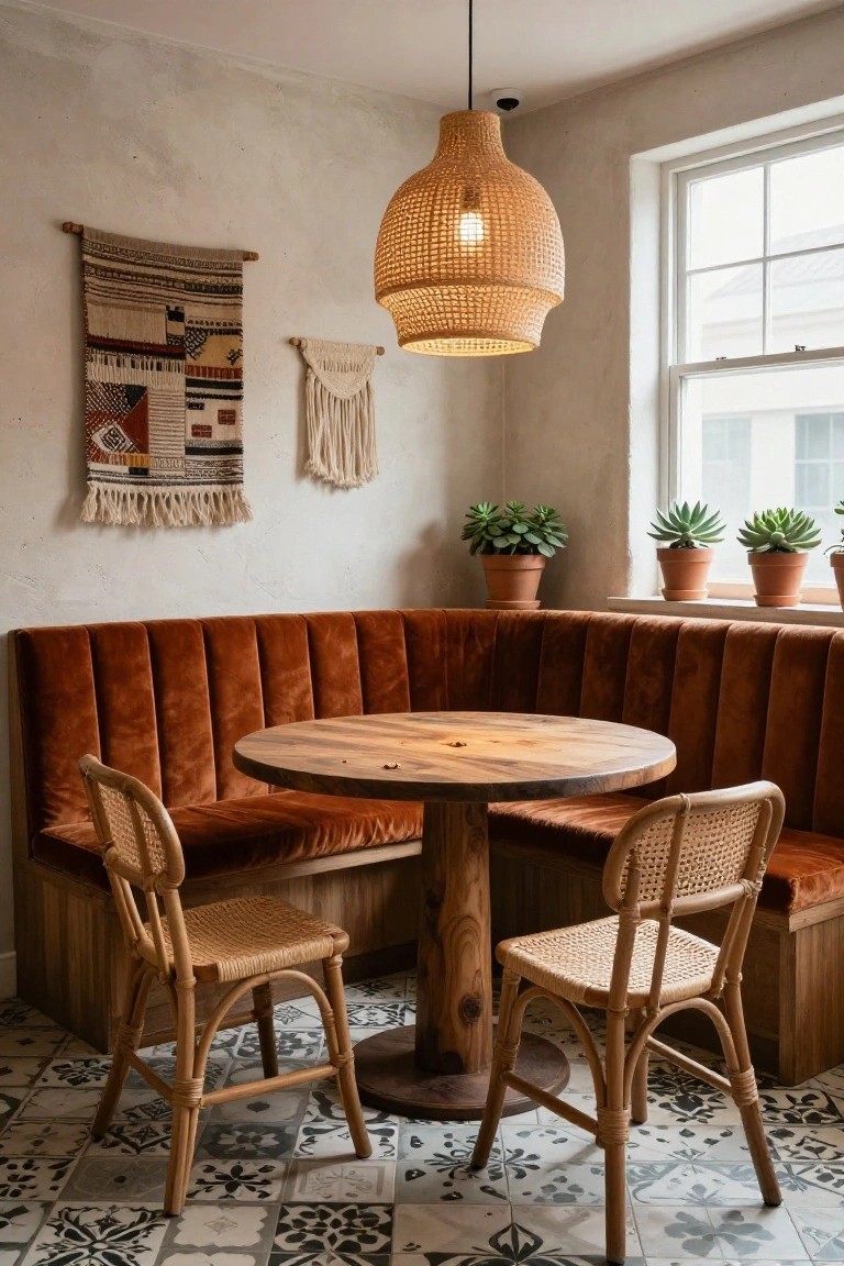 Corner booth with tufted rust velvet upholstery around a round wooden table and two rattan chairs in a white-walled room with potted succulents, woven wall hangings, and a rattan pendant light.