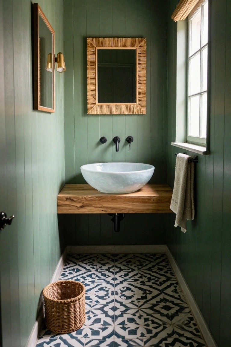 Small bathroom featuring sage green shiplap walls, wooden floating vanity with white vessel sink and black faucets, rattan mirror above sink, towel rail, window with rattan blind, and black-and-white patterned tile floor with woven basket nearby.