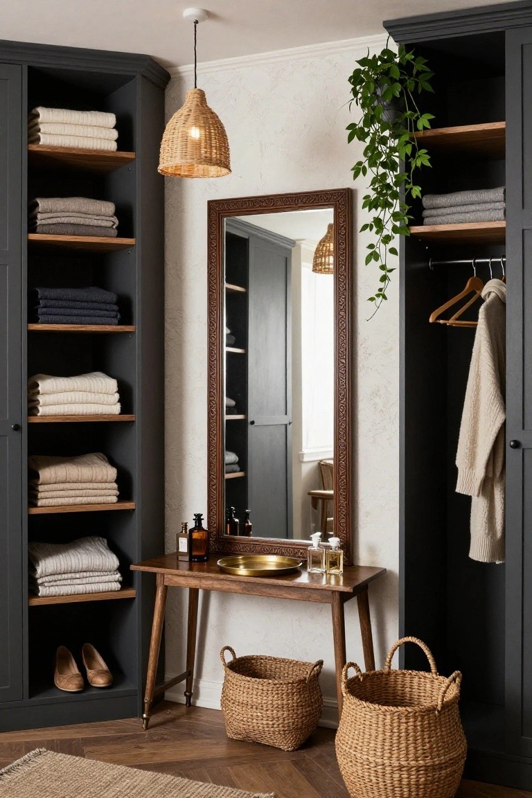 Tall black wardrobes with open wooden shelves holding folded linens and towels flank a tall ornate mirror and wooden console table in a dressing room with rattan baskets and a seagrass rug on wood floors.