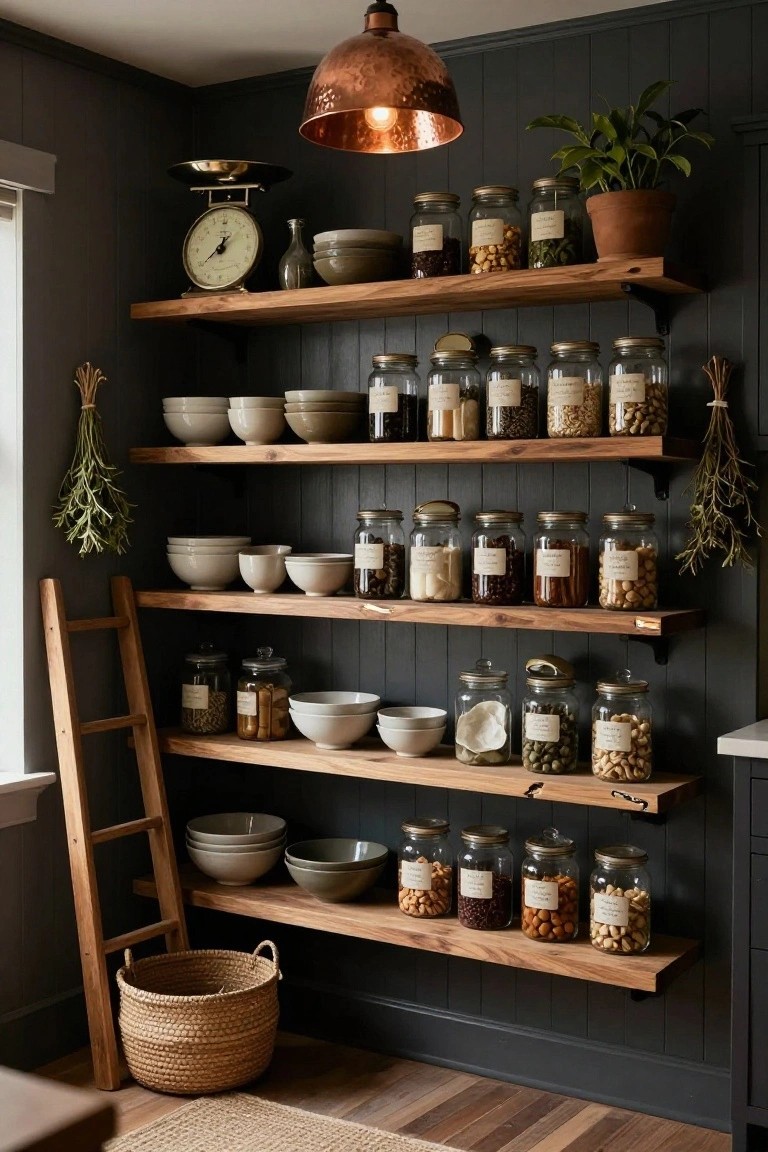 Corner of a dark-paneled kitchen with multiple wooden open shelves stocked with labeled glass jars of nuts, beans, and spices, white ceramic bowls, dried herbs hanging from twine, a wooden ladder, and a copper pendant light overhead.