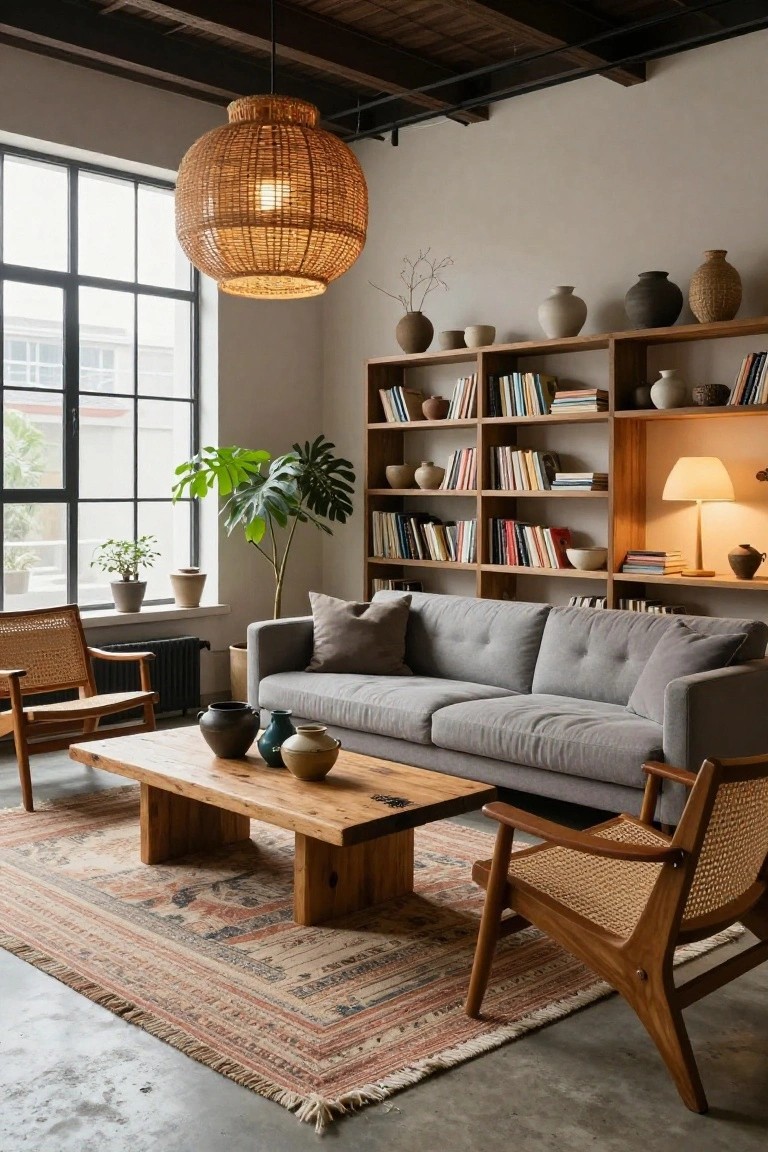 Modern boho living room featuring a tall open wooden shelving unit filled with books, ceramic pots, and plants, a gray fabric sofa, low wooden coffee table on a patterned rug, rattan chairs, and a large woven pendant light hanging from the ceiling.
