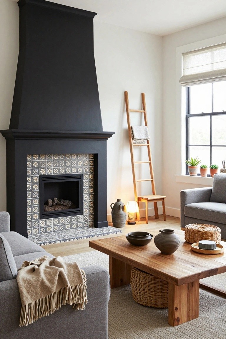 Living room with tall black-painted fireplace surround and ivory patterned tile firebox, gray sofa with throw, wooden coffee table holding pottery, leaning ladder, and potted plants by window.