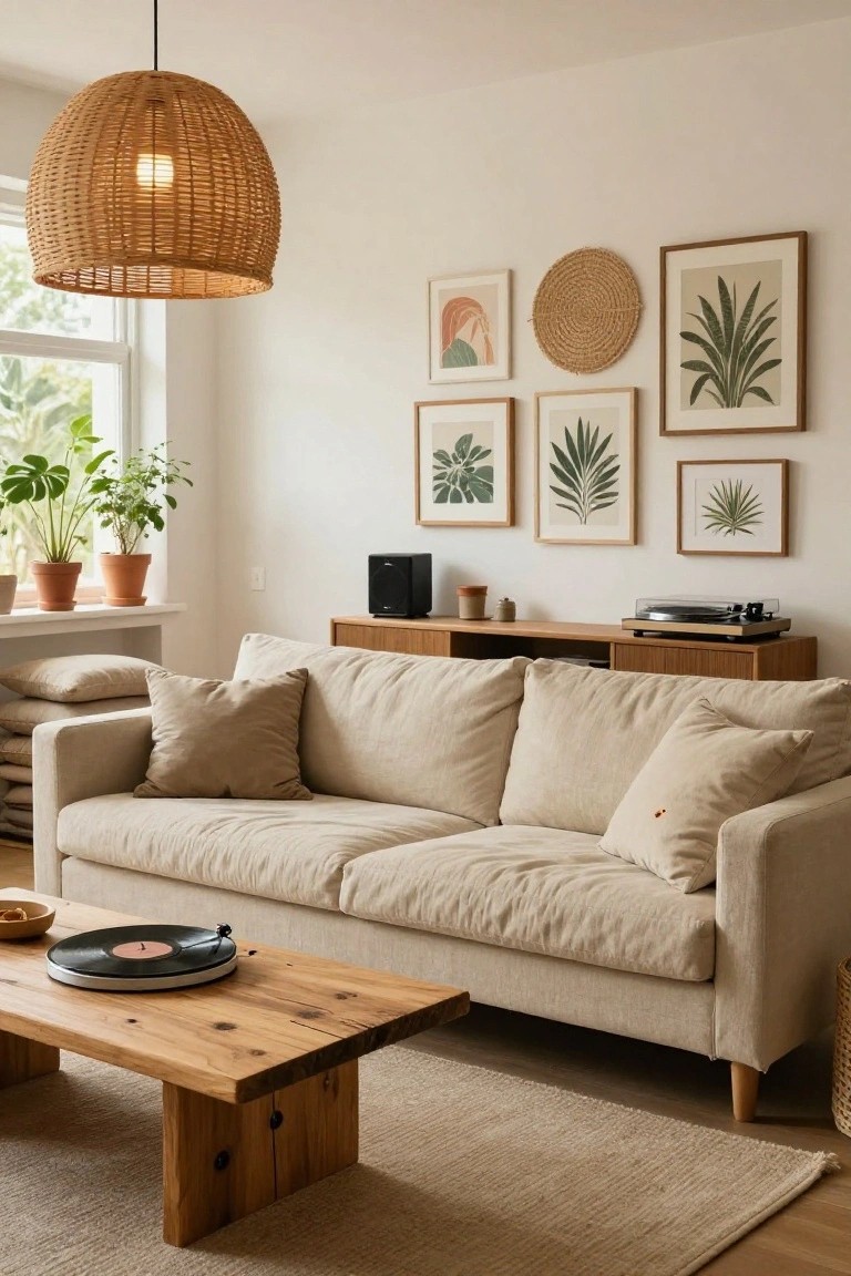 A bright living room with beige linen sofa, rustic wooden coffee table holding a vinyl record, wooden credenza with turntable, rattan pendant light, botanical prints on walls, and potted plants by the window.
