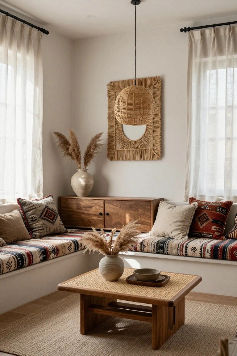 A sunlit corner of a living room with white walls, sheer curtains on two windows, built-in wooden benches covered in colorful patterned cushions, a rattan and wood coffee table with ceramics, pampas grass in vases, and a woven mirror on the wall.