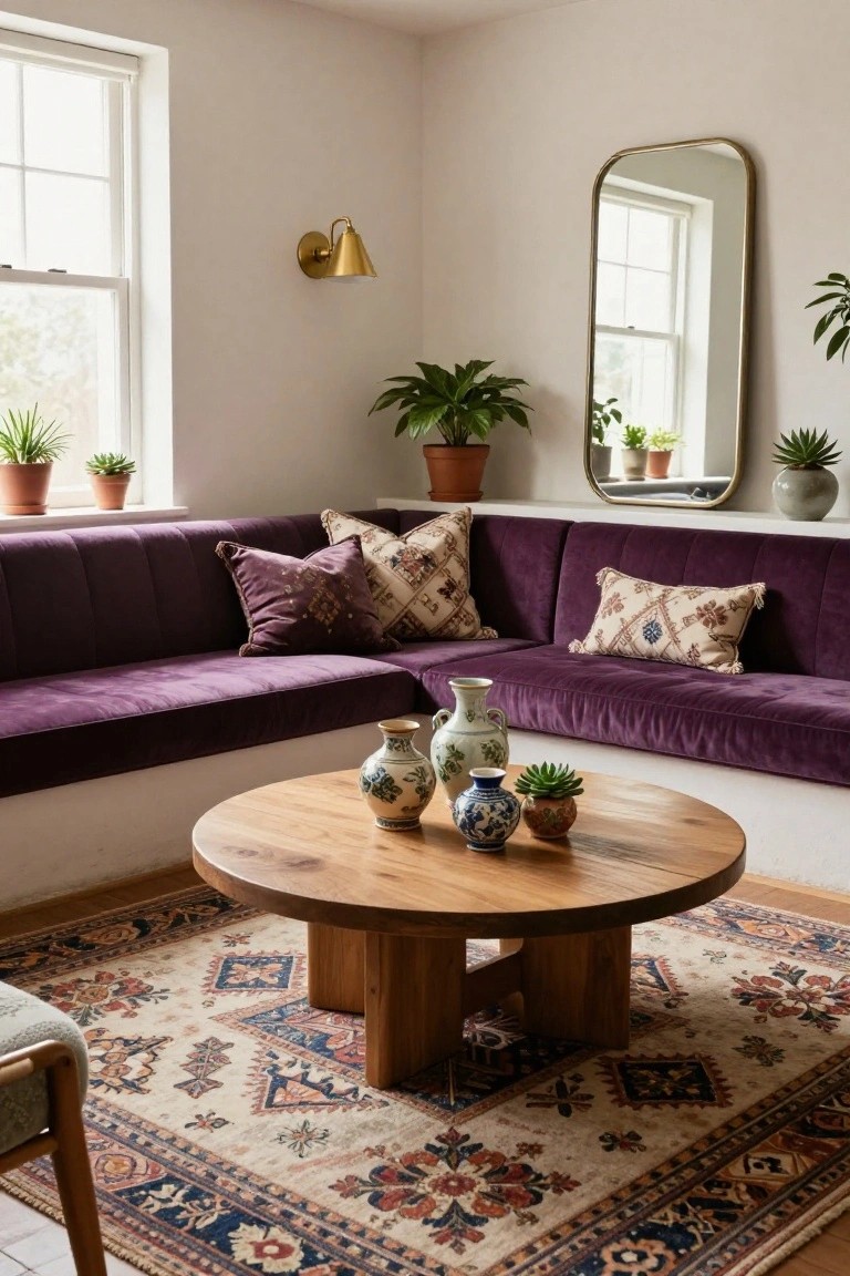 A corner living room with L-shaped built-in tufted purple velvet sofa, round oak coffee table holding blue and white vases and succulents, patterned pillows, Persian rug, potted plants, gold mirror, and wall sconce on white walls.