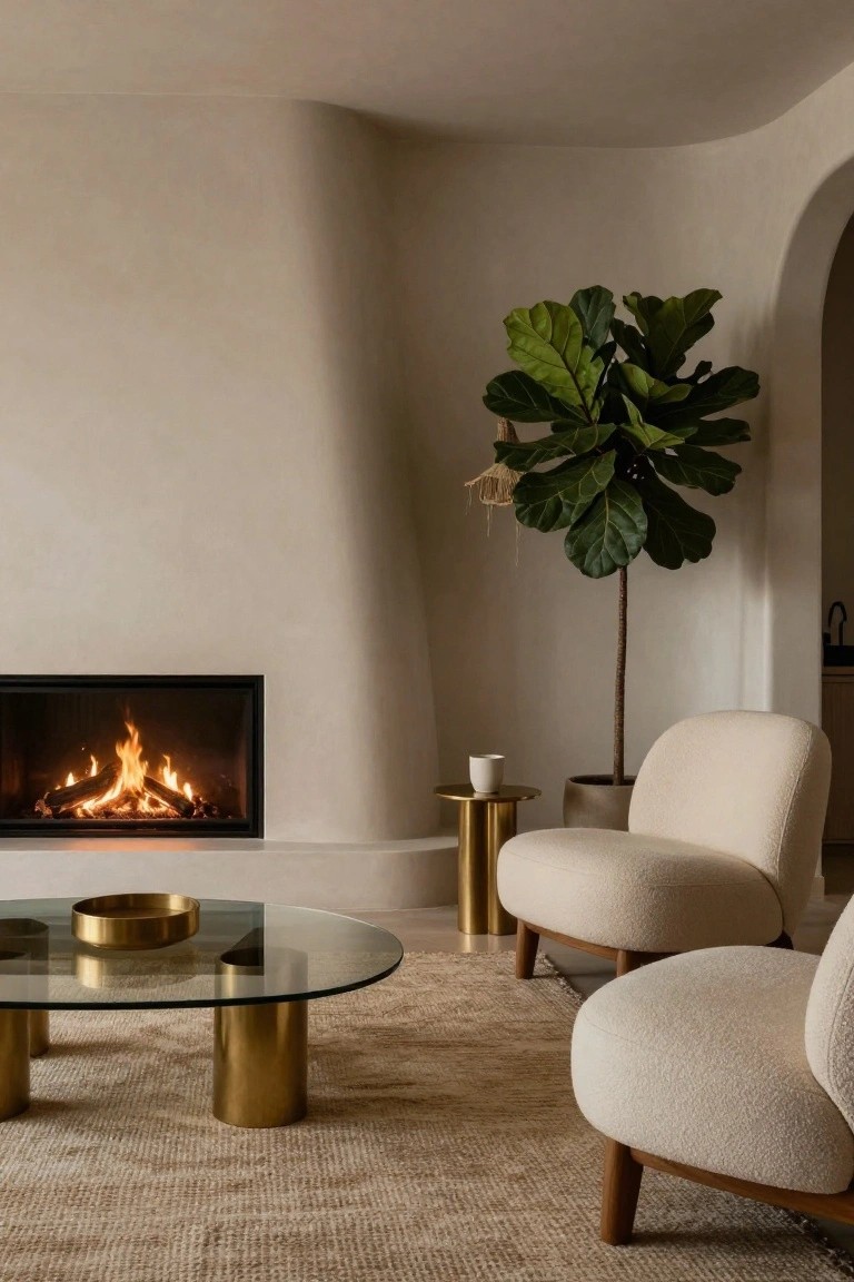 Modern living room featuring curved beige plaster walls, a built-in fireplace with fire lit, two round cream bouclé chairs, a glass-topped brass coffee table, brass side table with cup, large fiddle leaf fig plant, and beige textured rug.