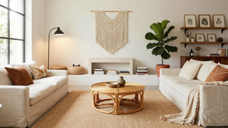 Light beige living room with white linen sofa, round rattan coffee table with turned legs, seagrass rug, two woven poufs, fiddle leaf fig plant in terracotta pot, wooden credenza, macrame wall hanging, black floor lamp by marble fireplace, and large window showing palm trees.