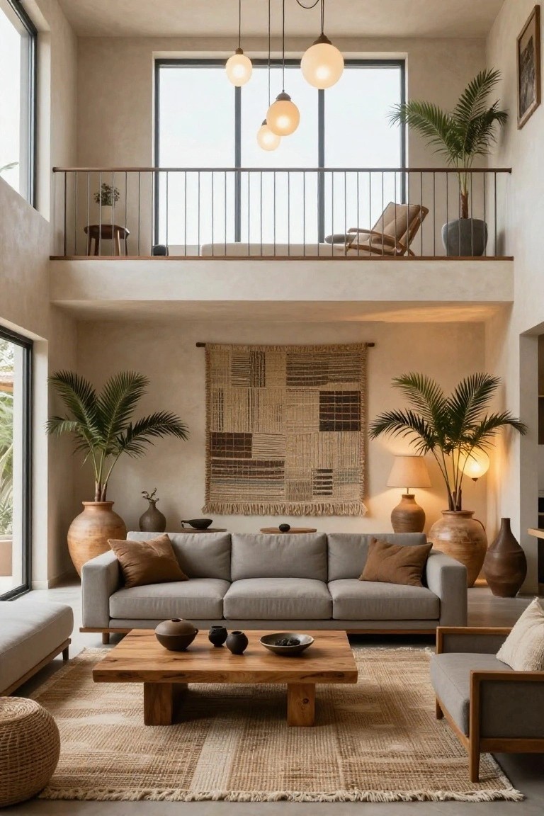 Double-height living room with light gray L-shaped sofa, low wooden coffee table on beige woven rug, large potted palms and terracotta pots flanking the seating area, woven grid tapestry on wall, upper balcony railing, and large windows.