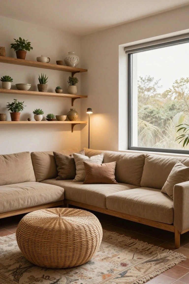 A modern living room corner featuring beige linen sectional sofa, wicker pouf on a patterned rug, wooden floating shelves with assorted potted plants and ceramics, floor lamp, and large window overlooking trees.