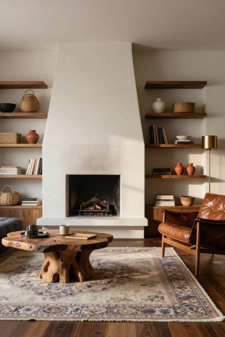 A living room with a tall white fireplace flanked by wooden shelves holding baskets, books, pottery, and plants, a round live-edge wooden coffee table with root base on a cream rug with blue and terracotta patterns, a brown leather armchair, neutral sofa, and wood floors.