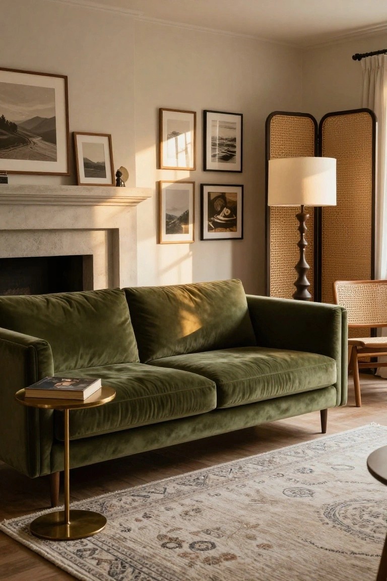 A beige living room with a green velvet sofa, gold side table holding a book, stone fireplace, framed black-and-white photos on walls, rattan screen and chair, tall lamp, and beige rug on wood floor.
