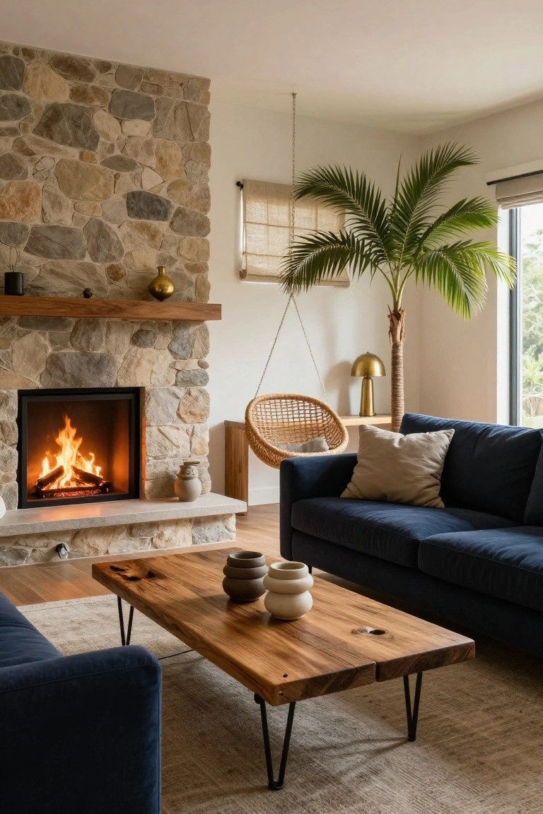 A living room with a textured stone wall and wooden mantel around a lit gas fireplace, navy sofa, wooden coffee table with ceramics, rattan hanging chair, gold lamp, and tall potted palm near a window.