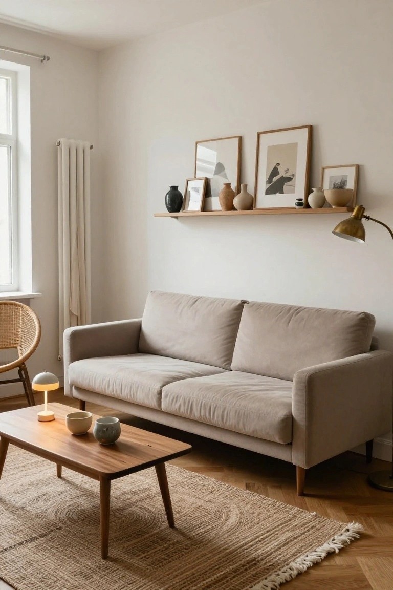 A beige living room featuring a light gray sofa, wooden coffee table with ceramic bowls, rattan chair, open wooden shelf displaying various ceramic vases and framed artwork, seagrass rug, and a window with white radiator.