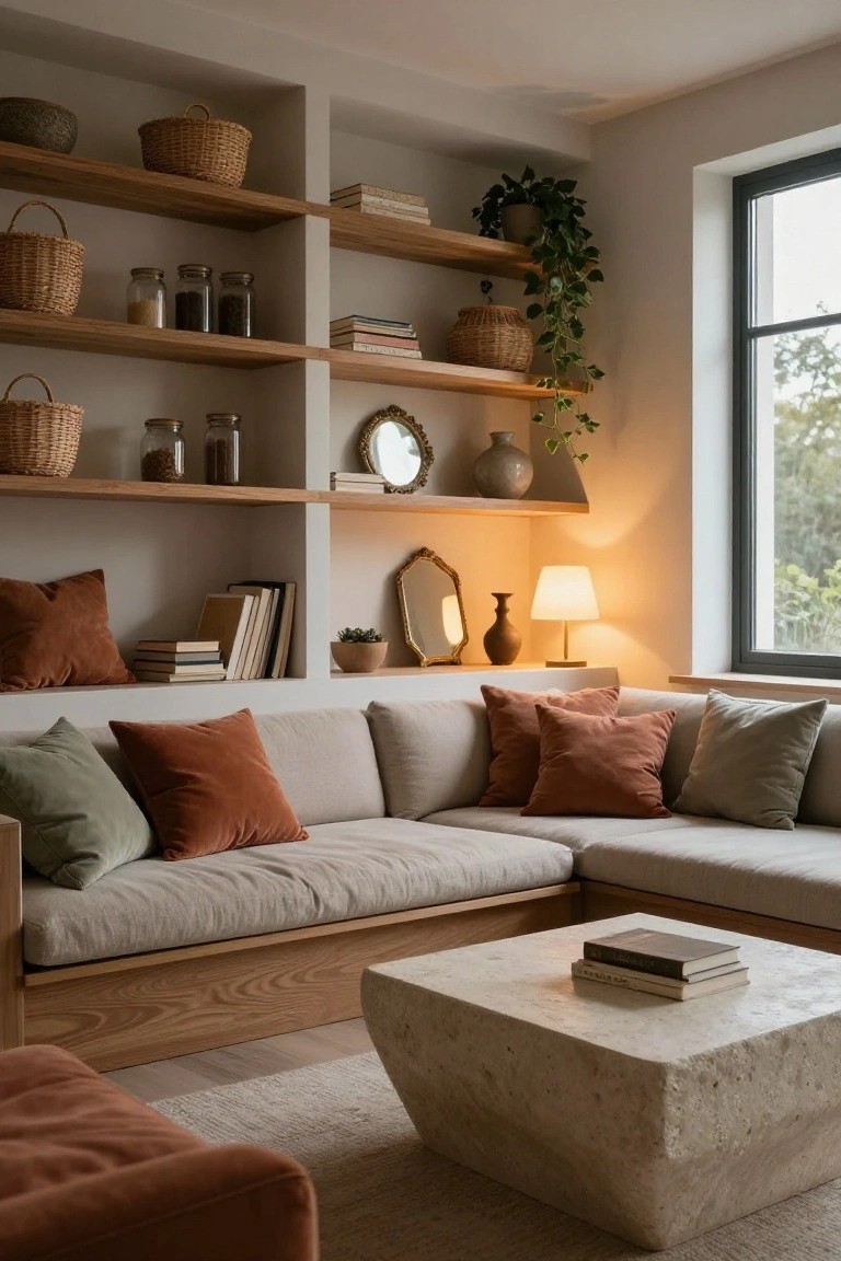 A cozy living room with light wood built-in open shelves stocked with wicker baskets, glass jars, books, plants, and ceramics, flanking a low beige L-shaped sofa with rust, green, and neutral cushions, a white stone coffee table, and large window.