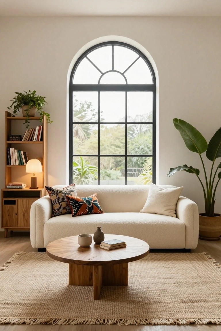 Living room with curved cream bouclé sofa, round wooden coffee table with vase and cup, wooden bookshelves holding books and lamp, tall potted plants, large black-framed arched window showing greenery, and fringed beige rug on wood floor.