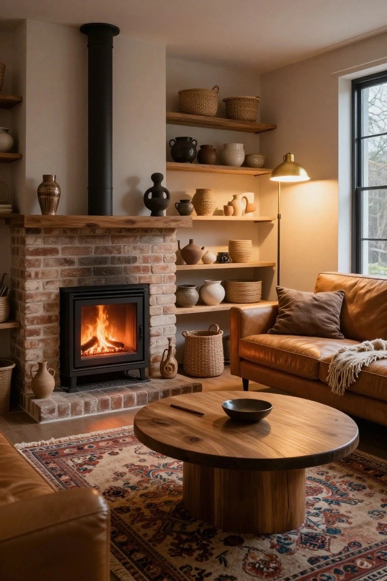 Living room with brick fireplace containing a wood fire, flanked by open shelves holding pottery vases, bowls, and baskets, tan leather sofa, round wooden coffee table, and patterned rug.