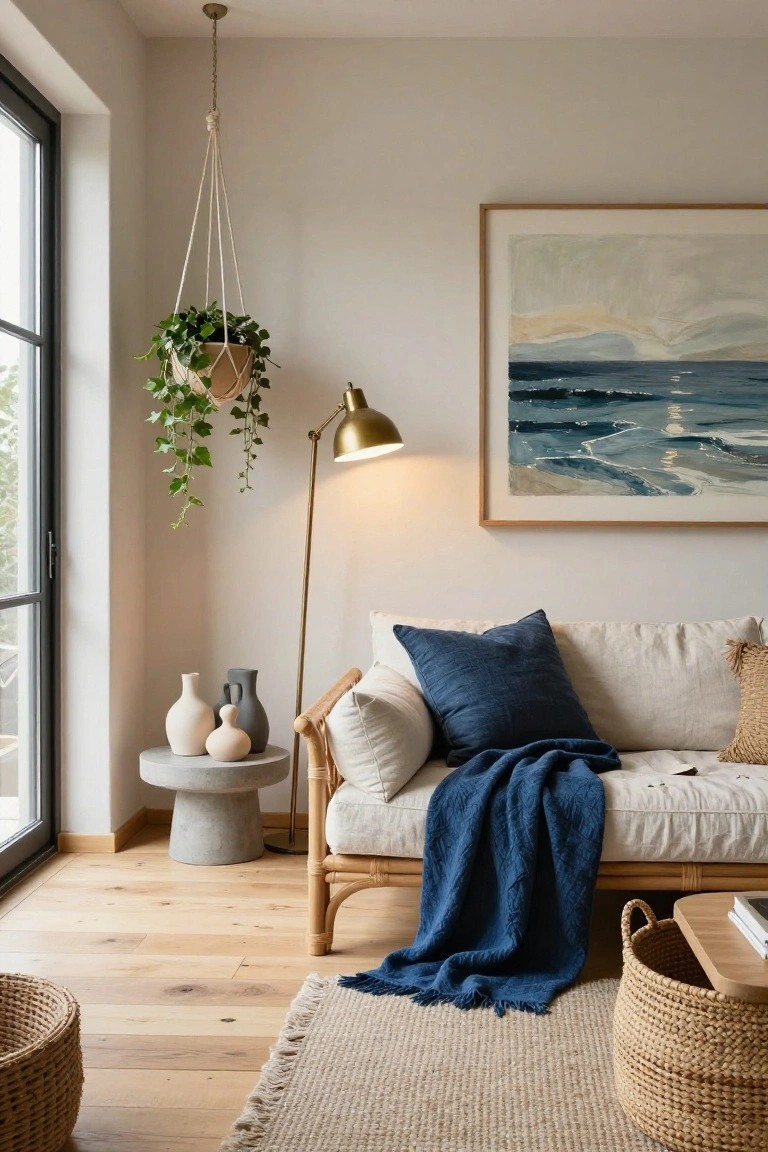A cozy living room corner with a cream rattan sofa topped with navy pillows and throw, concrete side table holding two ceramic vases, gold floor lamp, macrame-hung potted plant, large framed abstract seascape painting on beige wall, two woven seagrass baskets, and light oak floors with a fringed cream rug.