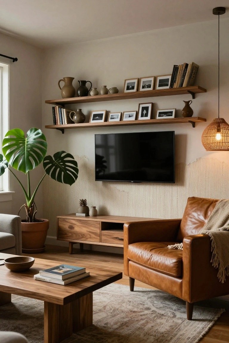 A living room with floating wooden shelves mounted above a wall-mounted TV, displaying books, ceramic jugs and pots, and framed black-and-white photos, next to a large potted monstera plant, with a tan leather armchair, wooden media console and coffee table below.