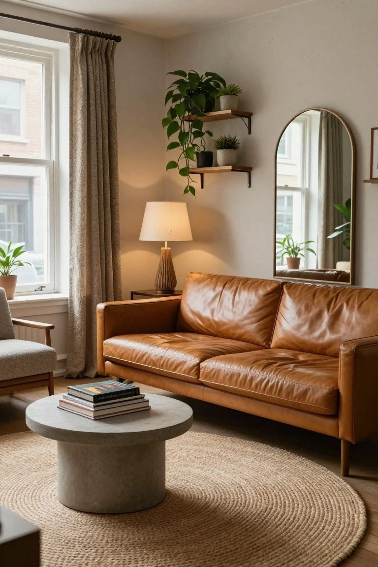 A light beige living room with a tan leather sofa, round concrete pedestal coffee table on a round jute rug, potted plants, arched gold mirror on the wall, table lamp, and linen curtains on a window.