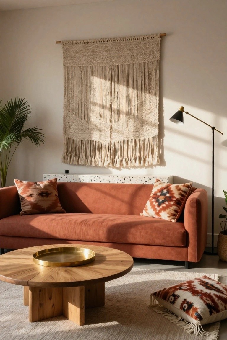 A sunlit living room with rust-colored sofa, patterned pillows, round wooden coffee table holding a gold tray, macrame wall hanging, potted palm plant, black arc lamp, and floor cushion on beige rug.