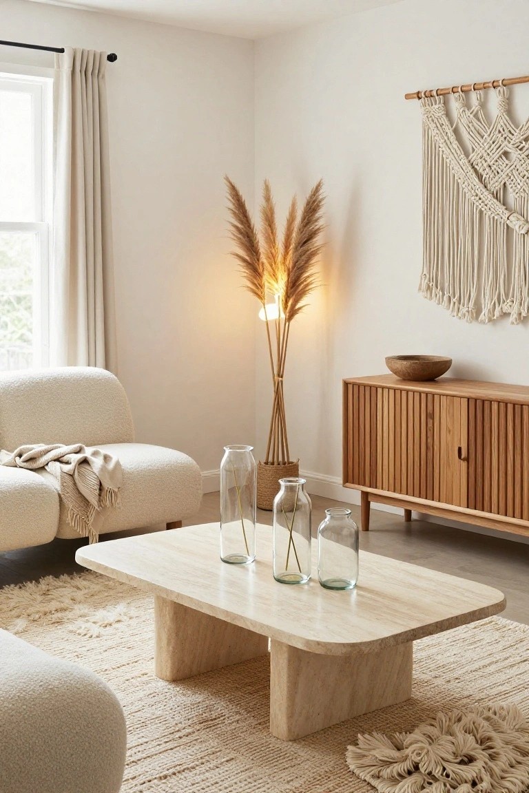 A light neutral living room with cream bouclé sofa, low travertine coffee table holding three glass vases with dried stems, tall pampas grass floor lamp, macrame wall hanging, wooden slatted credenza, and beige rugs.