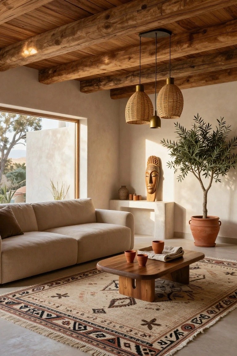 Interior photo of a light beige living room with exposed dark wooden ceiling beams, two woven rattan pendant lights, a beige linen sofa, low wooden coffee table on a large patterned rug, potted olive tree, wooden Buddha statue, terracotta pots, and a large window showing desert landscape.