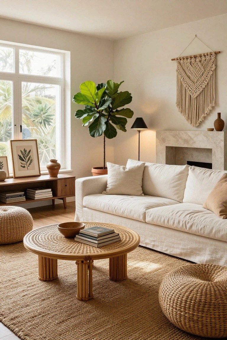 Light beige living room with white linen sofa, round rattan coffee table with turned legs, seagrass rug, two woven poufs, fiddle leaf fig plant in terracotta pot, wooden credenza, macrame wall hanging, black floor lamp by marble fireplace, and large window showing palm trees.