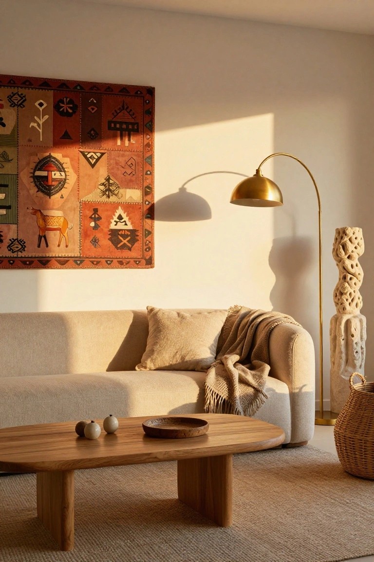 A light-filled living room corner with a large orange and brown patterned woven tapestry on the wall, a beige curved sofa with pillows and throw, an oval natural wood coffee table holding ceramic orbs and a wooden bowl, a gold arc lamp, a white textured sculpture, a wicker basket, and a beige seagrass rug.