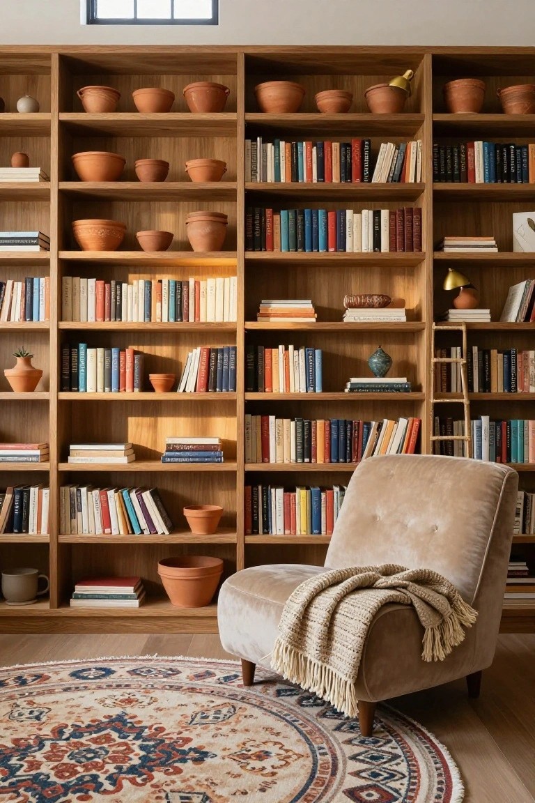 Tall wooden bookshelves in a library room filled with assorted books, terracotta pottery in various sizes, a few plants, a rolling ladder, a beige velvet armchair with knitted throw, and a patterned rug on light wood floor.