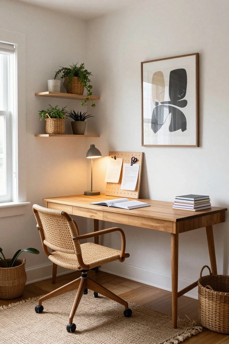 Corner workspace with light oak desk, rattan armchair on wheels, open notebook on desk, plants on wooden wall shelves, bulletin board, and desk lamp next to a window in a white room with light wood floor.