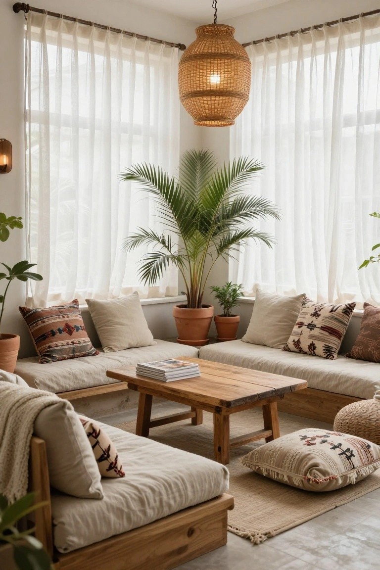 Bright corner room with low wooden benches upholstered in beige fabric and topped with patterned cushions, a wooden coffee table holding stacked books, potted palm and other plants, sheer white curtains on large windows, rattan hanging lamp, and floor poufs on a woven rug.