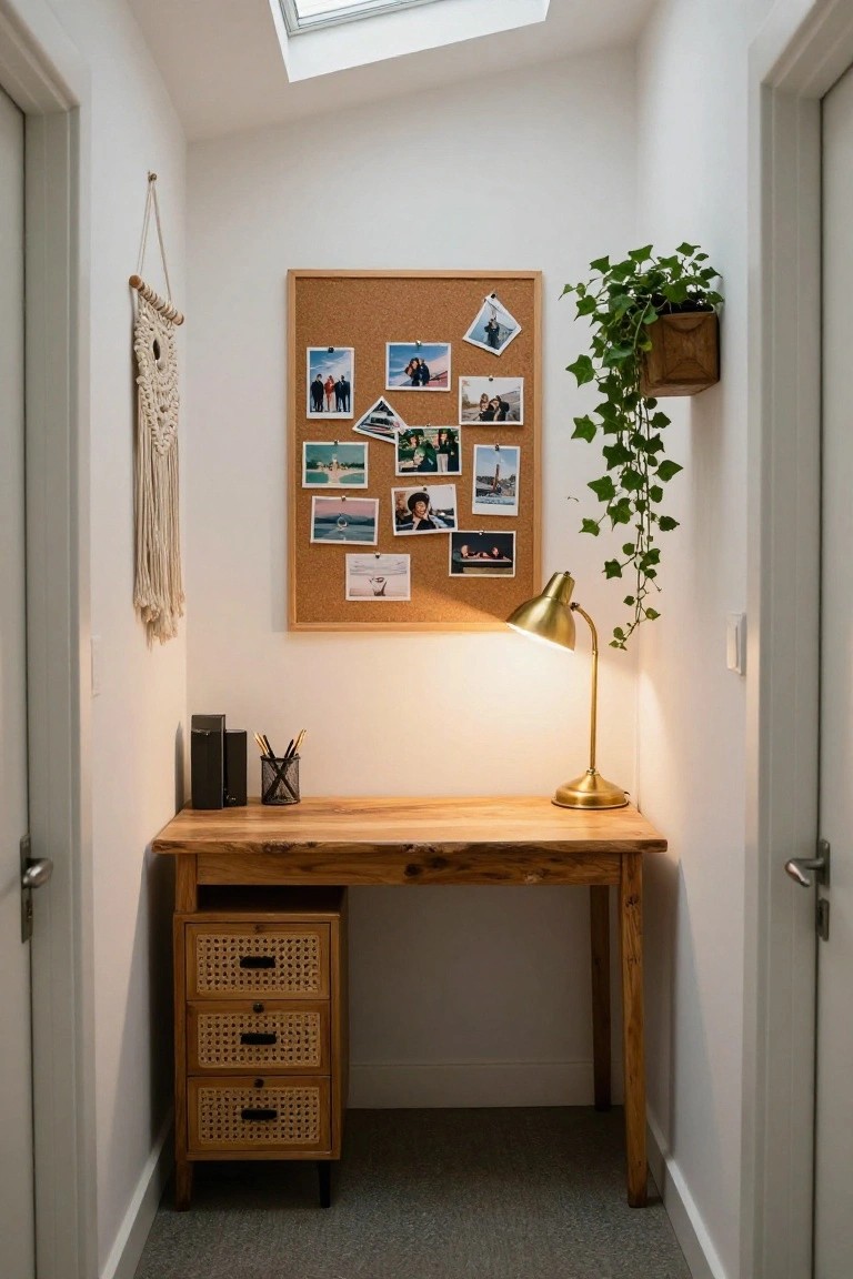 Narrow wooden desk with rattan drawers in a white hallway alcove between two doors, corkboard with pinned photos on the wall, gold desk lamp, hanging macrame, and potted ivy plant.