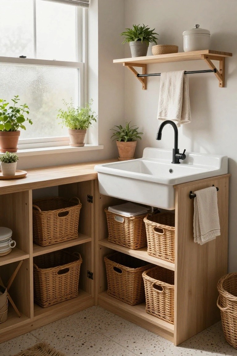 Light wood corner cabinet unit around a white porcelain sink with black gooseneck faucet, open shelves and cabinets filled with wicker baskets, potted plants on windowsill and counters, hanging towels, and plants on wall shelves in a bright room.