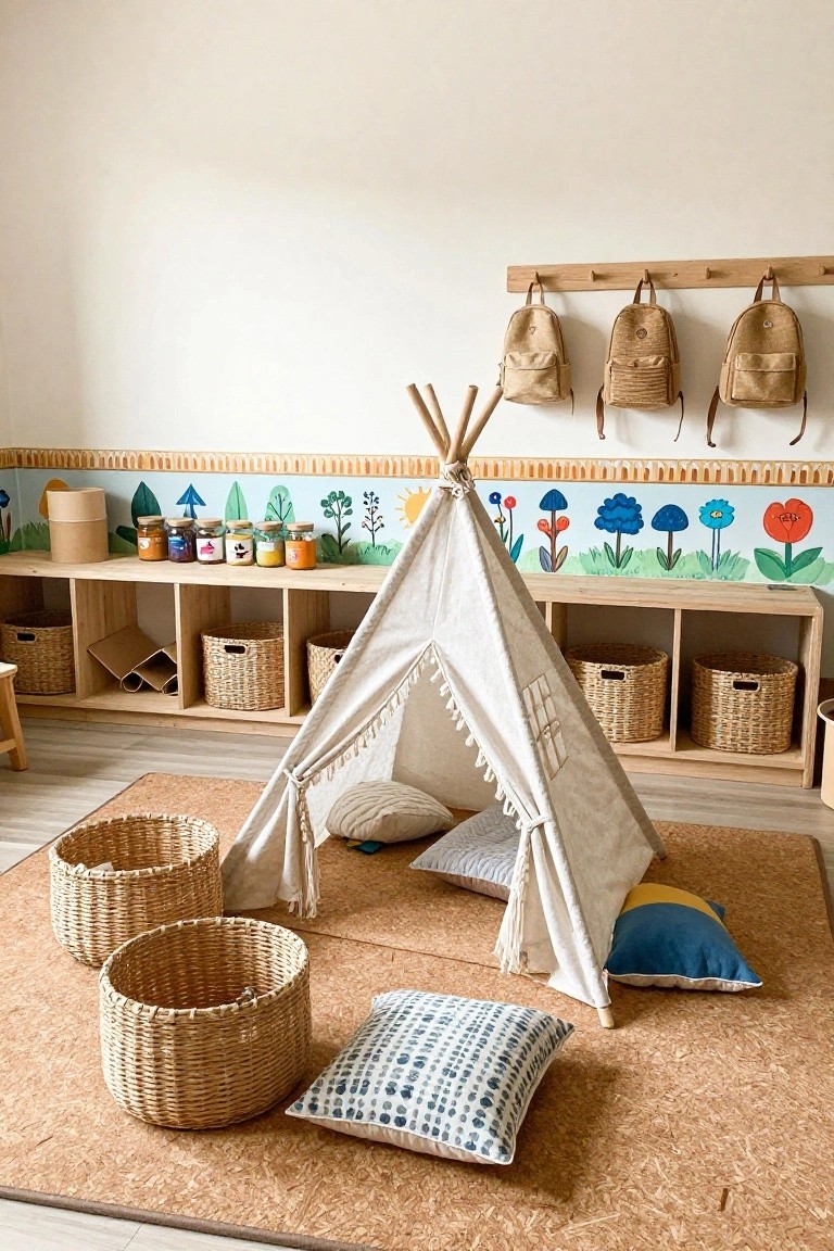 White teepee tent with cushions inside on a cork floor mat in a playroom, surrounded by woven baskets, pillows, natural wood shelves stocked with jars and bins, and colorful flower murals on the wall with hanging backpacks.