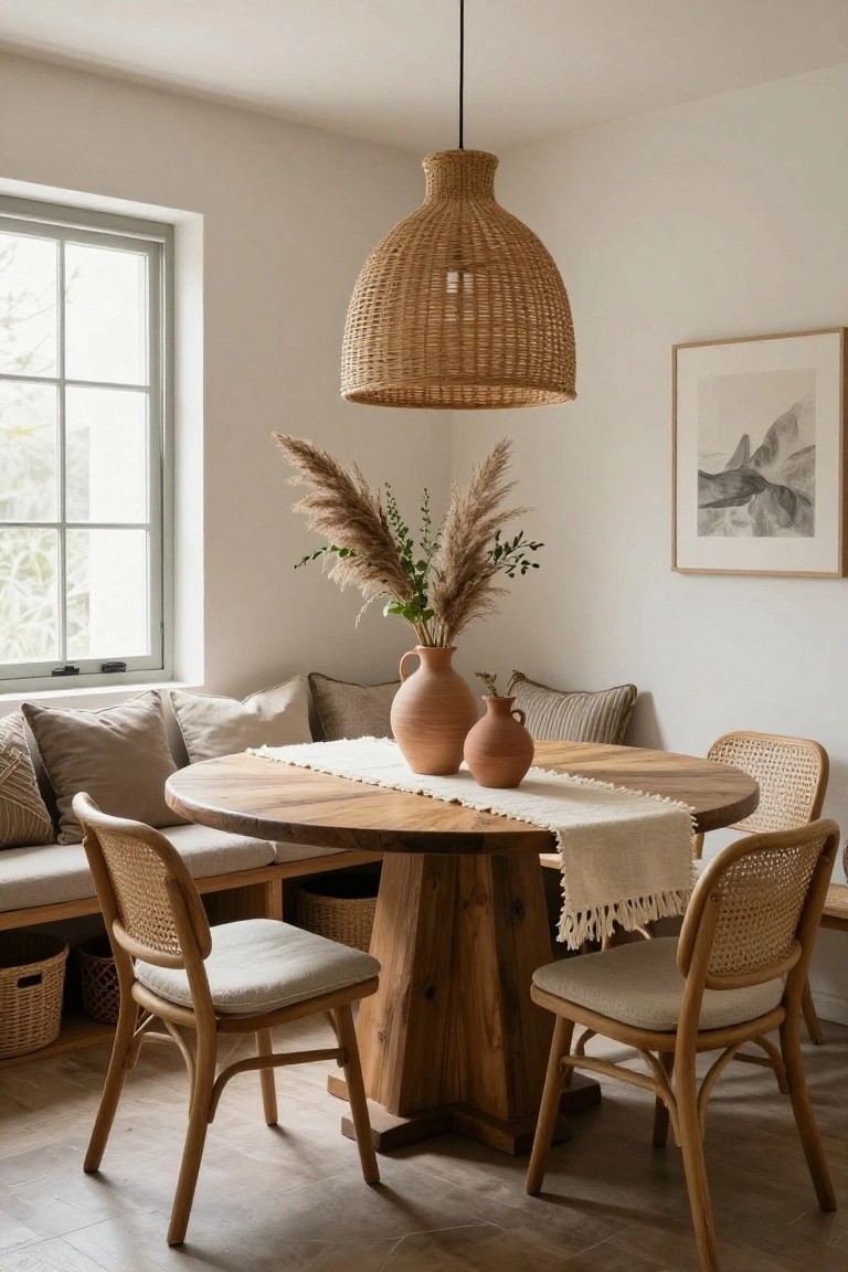 A bright indoor dining nook with a round wooden table under a large woven rattan pendant light, flanked by rattan chairs and a built-in cushioned bench along a window wall, terracotta vases and pampas grass on a white runner atop the table.