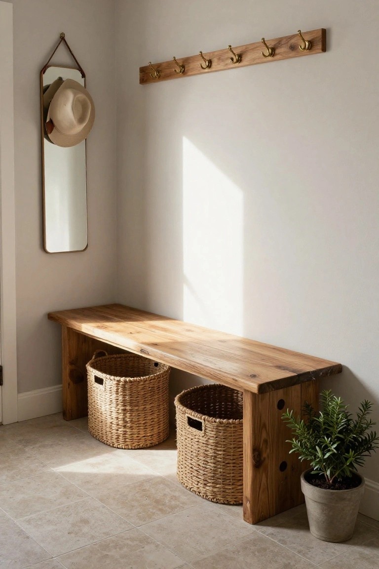 Wooden entryway bench with two large woven seagrass baskets underneath, brass coat hooks mounted on the wall above, a round leather-framed mirror hanging nearby with a beige hat on a hook, and a potted plant next to the bench on a light tiled floor.