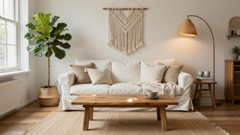 22 Fresh Boho Style Decor Ideas for a Light and Airy Feel A cozy boho living room with white slipcovered sofa piled with neutral pillows and throw, rustic wood coffee table holding teacups on a jute rug, tall fiddle leaf fig plant beside rattan arc floor lamp, macrame wall hanging, and side table with books.