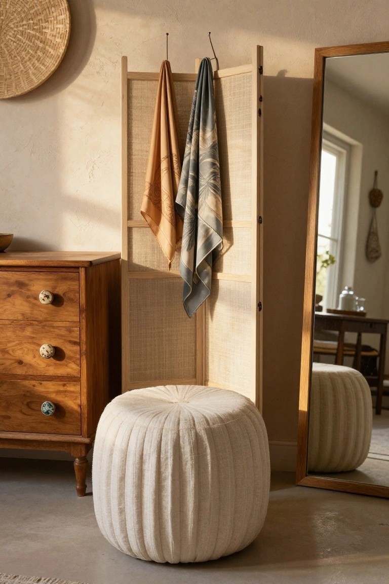 Light indoor room corner with wooden dresser, cream tufted pouf, freestanding wood mirror, rattan and wood folding screen draped with orange and blue patterned towels and scarves, woven wall basket, and hanging hook.
