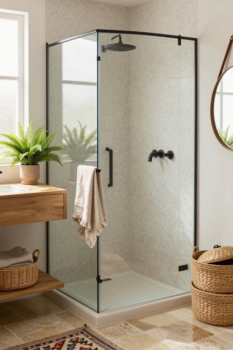 Corner glass shower enclosure with black frame and rain showerhead in a bathroom with light textured tile walls, floating wood vanity, potted fern plant, hanging towel, and woven baskets on oak wood shelf and travertine floor.