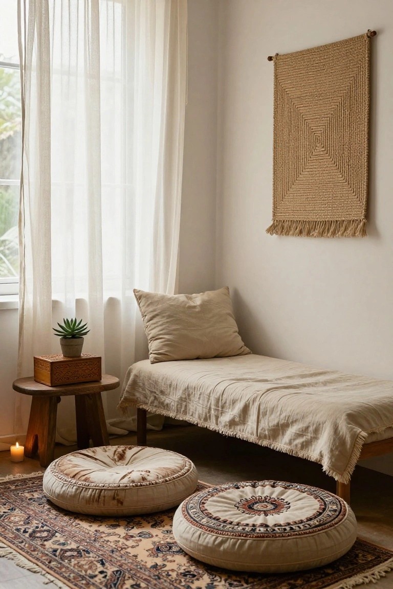 Indoor room corner with sheer white curtains on a window, beige woven wall hanging, low wooden daybed covered in beige linen sheets and pillow, wooden side table holding potted succulent plant and candle, two beige floor poufs on patterned rug.