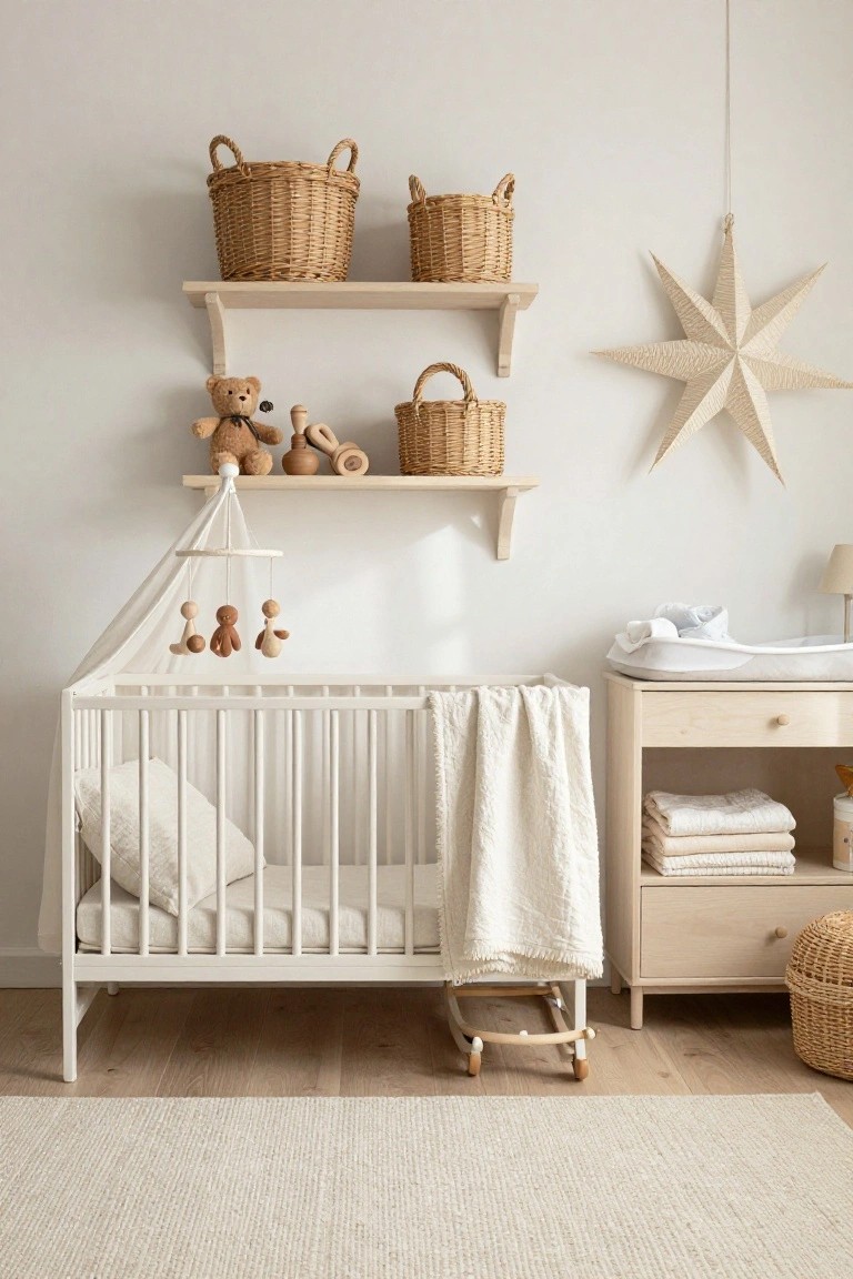 A light nursery room with a white wooden crib under a mobile, wooden floating shelves holding wicker baskets, stuffed animals, and toys, a changing table with linens, and a rocking horse on light wood floors.