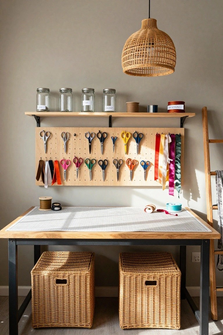 Craft workspace with wooden cutting table covered in white mat, pegboard wall displaying colorful scissors and hanging ribbons, wooden shelf above holding glass jars and thread spools, rattan pendant lamp, and wicker baskets under the table.