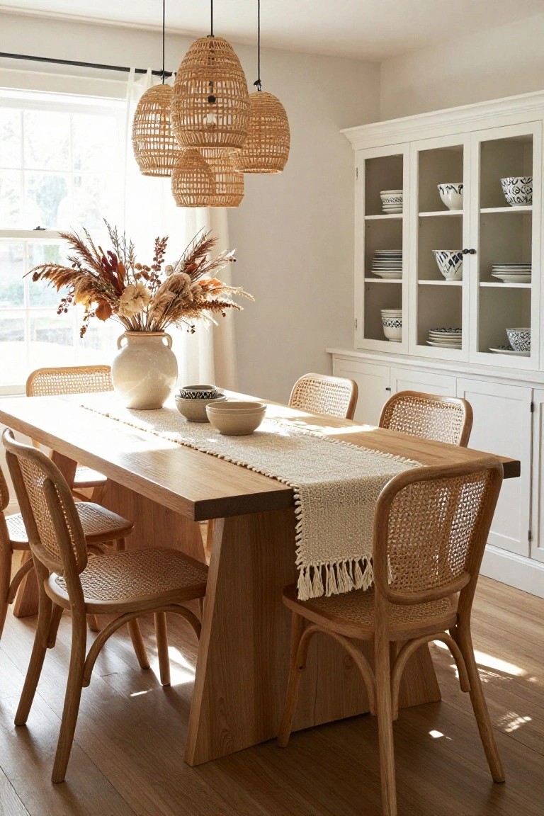 Sunlit dining room with rectangular light oak table, six rattan chairs, white woven pendant lights overhead, large terracotta vase of pampas grass and dried flowers on table, small bowls on fringed white runner, and white cabinet with dishes in background.