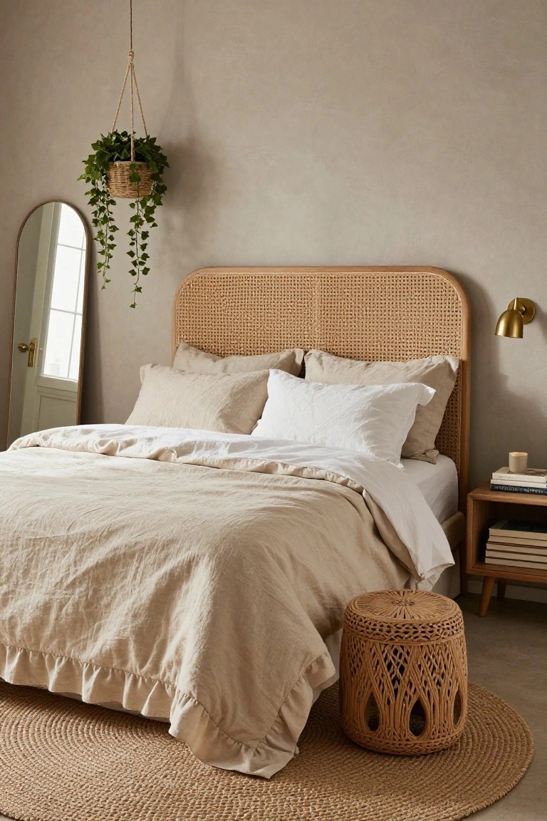 Beige bedroom with curved rattan headboard, white and cream linen bedding, wooden nightstand with books, hanging ivy plant, round mirror, woven stool, and round jute rug.