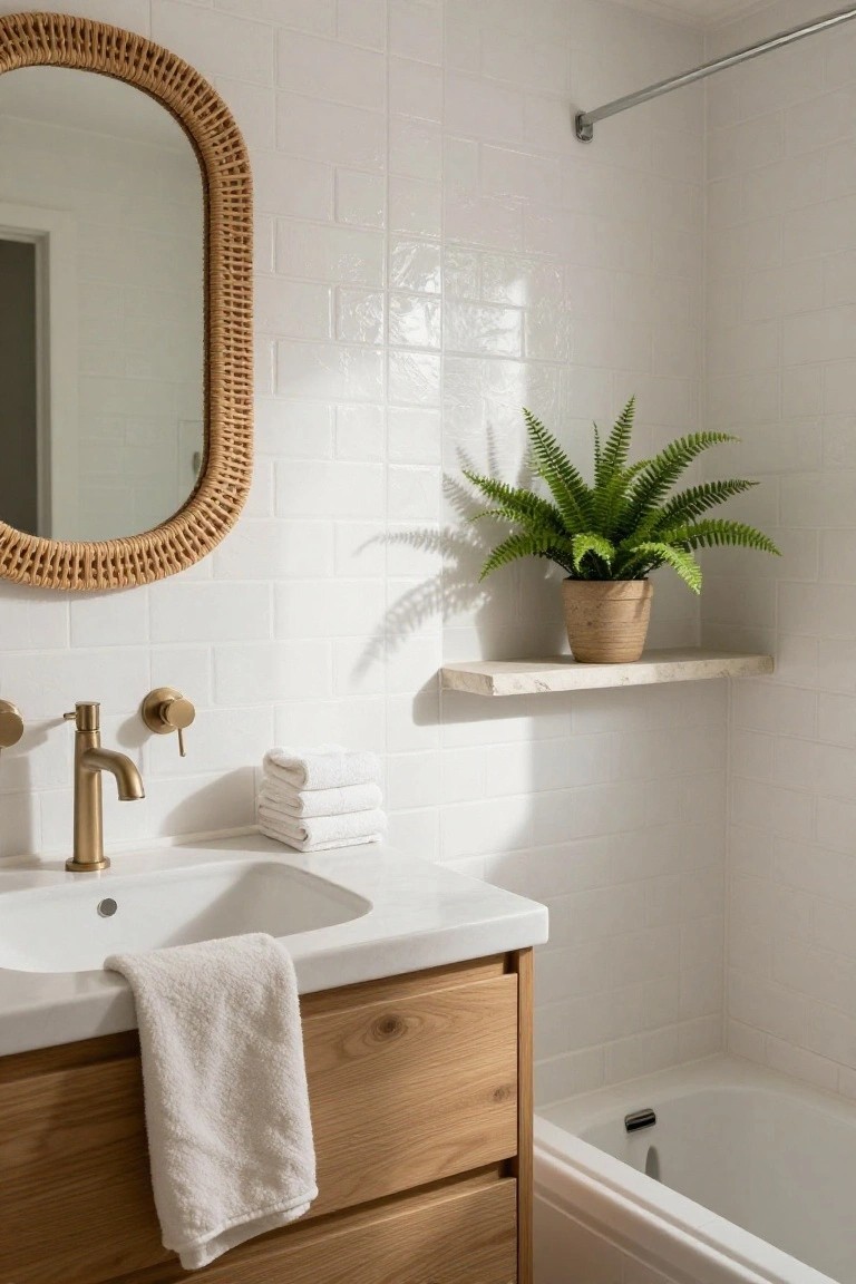 Bathroom with oval rattan mirror above white sink on light wood vanity with gold faucet, stacked white towels on counter, potted fern on floating wood shelf against white subway tile walls, and white bathtub nearby.
