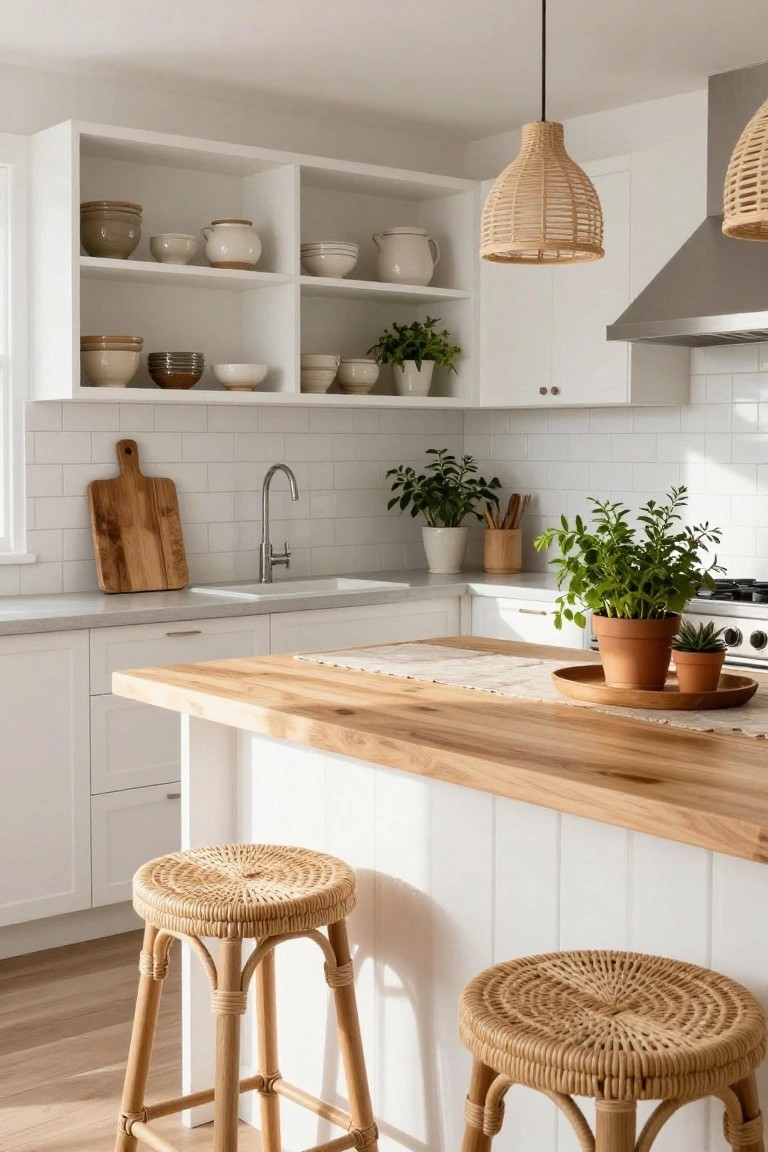 White kitchen with open shelves holding ceramic bowls and jars, wooden cutting board on white subway tile backsplash, stainless sink, light wood island topped with plants in terracotta pots on a wooden tray, two rattan bar stools, and two rattan pendant lights above.