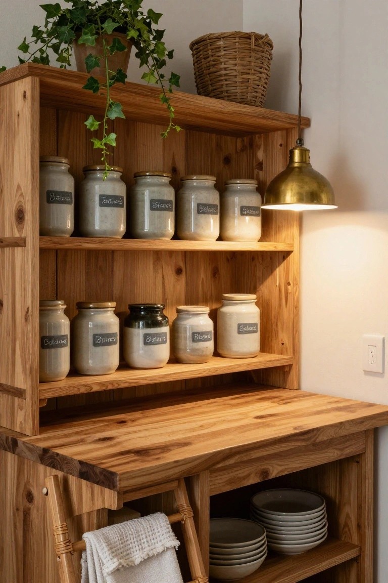 Wooden open shelving unit in a kitchen corner displaying labeled ceramic jars on shelves, stacks of white plates in the lower cabinet, a draped towel on a wooden ladder, ivy plant in a pot, woven basket, and brass pendant light overhead.