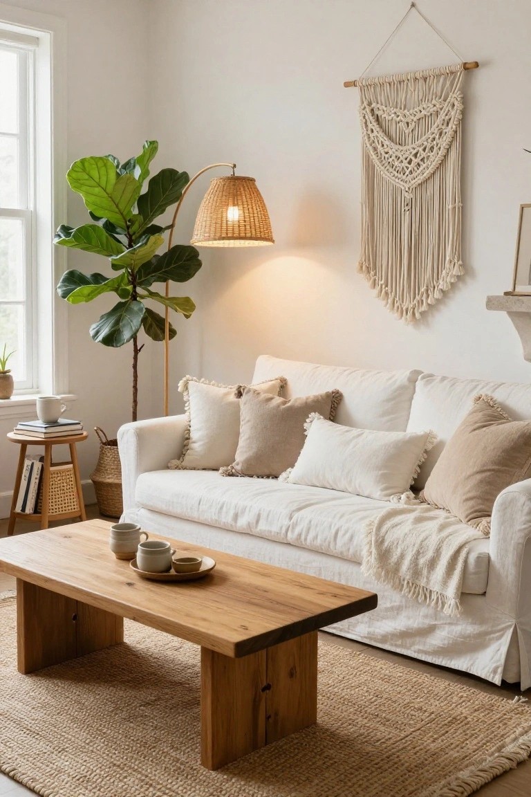 A cozy boho living room with white slipcovered sofa piled with neutral pillows and throw, rustic wood coffee table holding teacups on a jute rug, tall fiddle leaf fig plant beside rattan arc floor lamp, macrame wall hanging, and side table with books.