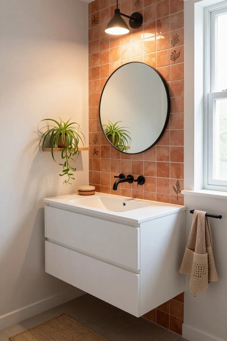 Modern bathroom with orange terracotta tiled accent wall featuring leaf designs, white floating double-drawer vanity and sink, round black-framed mirror, black wall faucet, hanging potted plant on wooden shelf, beige towels on black bar, and window beside seagrass floor mat.