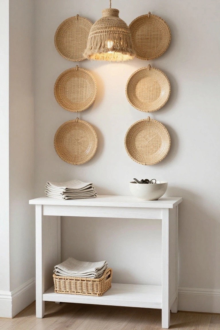 White console table in room corner with stacked linen napkins on top, white bowl holding keys, woven basket on lower shelf holding more linens, multiple shallow woven baskets hung on wall above, and woven fringed pendant light centered over table.
